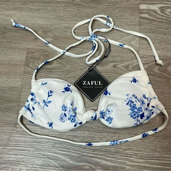 Zaful Other - Zaful Blue and White Floral Bikini Ribbed Top Swimsuit